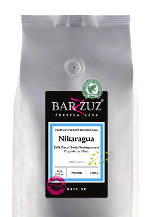 Nikaragua, pražená zrnková bezkofeínová káva - Decaf Swiss Waterprocess, SHG, BIO, RFA, praná, 1 kg