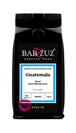 Guatemala, pražená zrnková bezkofeínová káva - Decaf Swiss Waterprocess, praná, 250 g