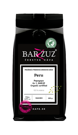 Peru, pražená zrnková káva - Papagayo, Gr. 1, SHB EP, BIO, RFA, praná, 250 g