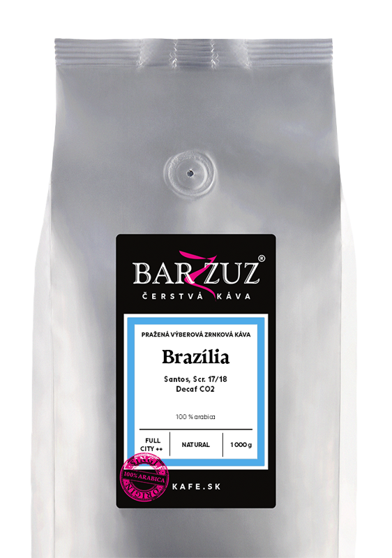 Brazília, pražená zrnková bezkofeínová káva - Santos, Decaf CO2, Scr. 17/18, natural, 1 kg Brazília, pražená zrnková bezkofeínová káva - Santos, Decaf CO2, Scr. 17/18, natural, 1 kg