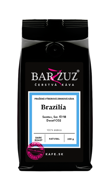 Brazília, pražená zrnková bezkofeínová káva - Santos, Decaf CO2,  Scr. 17/18, natural, dark roast, 200 g