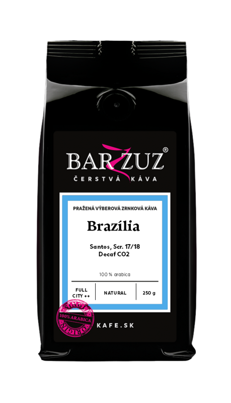 Brazília, pražená zrnková bezkofeínová káva - Santos, Decaf CO2, Scr. 17/18, natural, 250 g Brazília, pražená zrnková bezkofeínová káva - Santos, Decaf CO2, Scr. 17/18, natural, 250 g