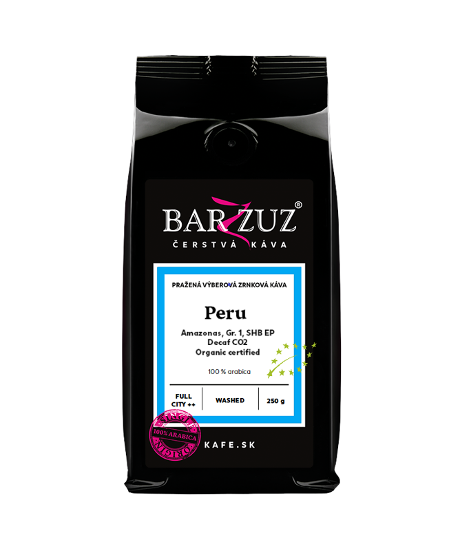 Peru, pražená zrnková bezkofeínová káva - Decaf CO2, Amazonas, Gr.1, SHB EP, BIO, praná, 250 g Peru, pražená zrnková bezkofeínová káva - Decaf CO2, Amazonas, Gr.1, SHB EP, BIO, praná, 250 g