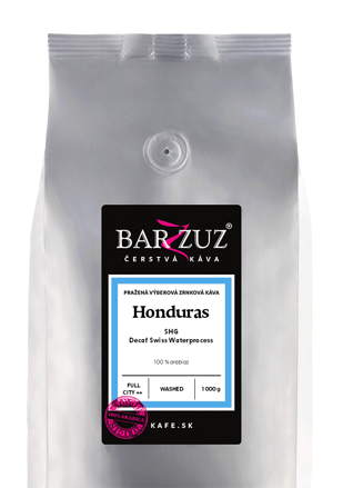 Honduras, pražená zrnková bezkofeínová káva - SHG, Decaf Swiss Waterprocess, praná, 1 kg