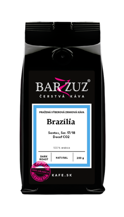 Brazília, pražená zrnková bezkofeínová káva - Santos, Decaf CO2,  Scr. 17/18, natural, dark roast, 200 g