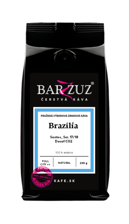 Brazília, pražená zrnková bezkofeínová káva - Santos, Decaf CO2,  Scr. 17/18, natural, 200 g