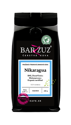 Nikaragua, pražená zrnková bezkofeínová káva - Decaf Swiss Waterprocess, SHG, BIO, RFA, praná, 250 g