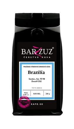 Brazília, pražená zrnková bezkofeínová káva - Santos, Decaf CO2,  Scr. 17/18, natural, 250 g